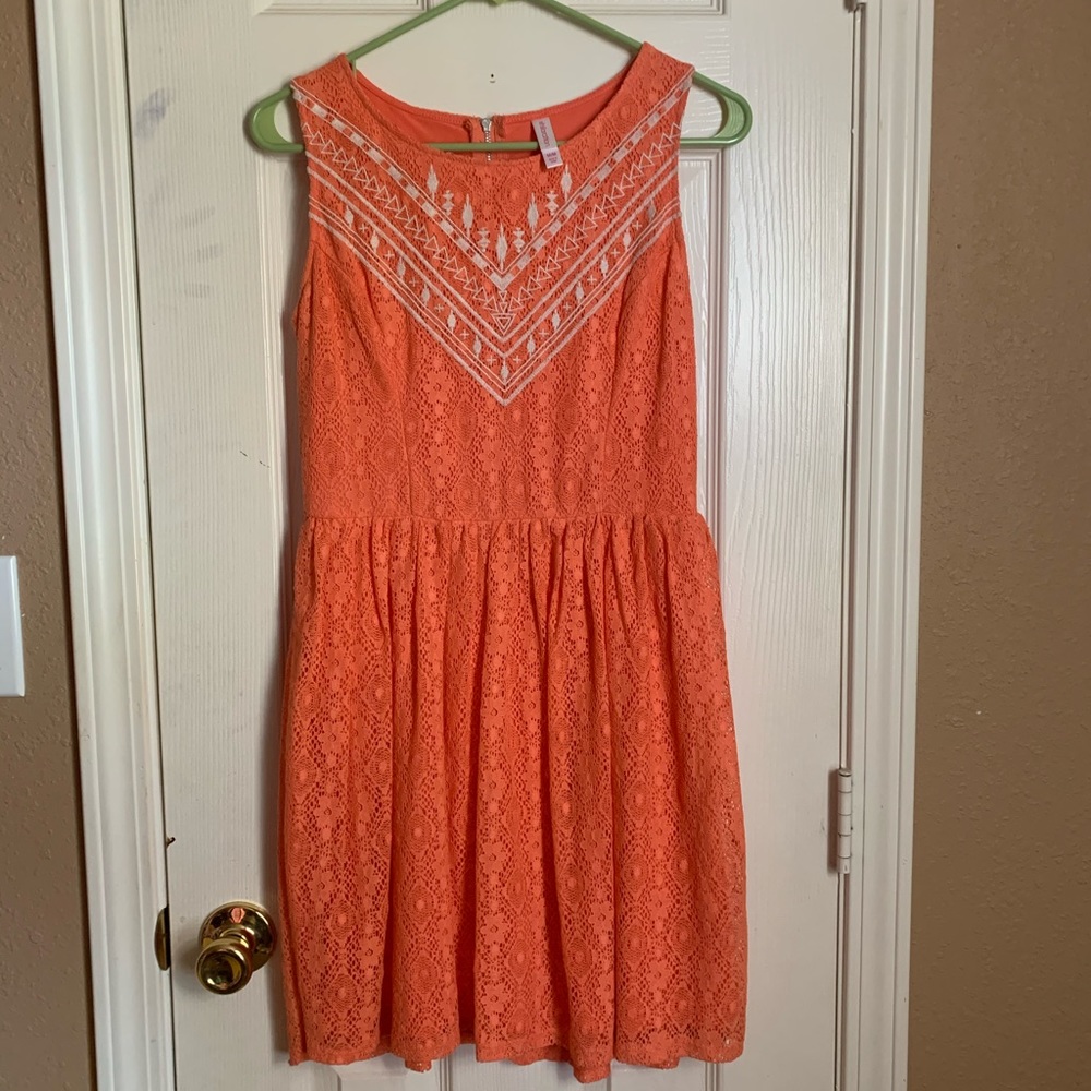 Coral lace dress with white tribal print